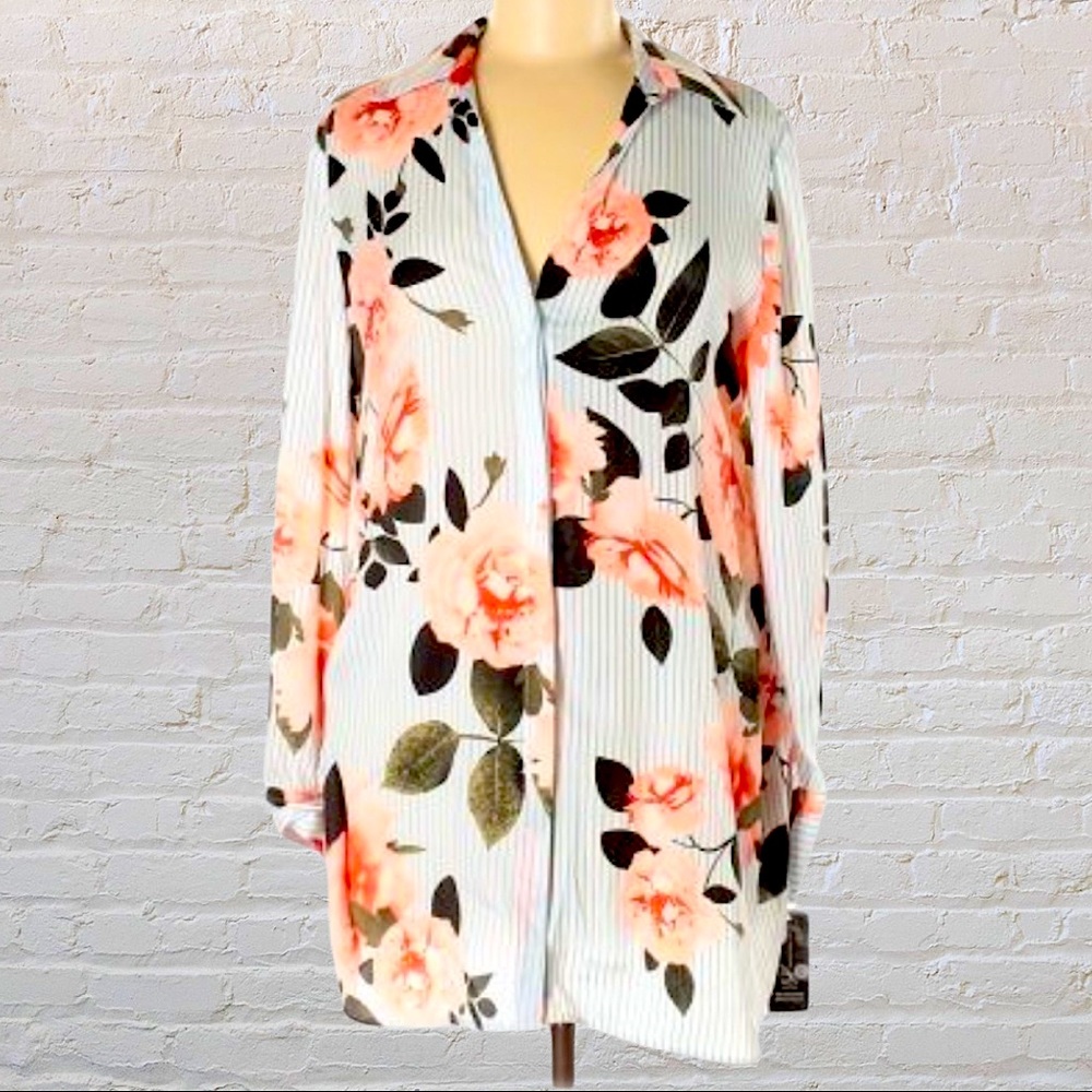 INC INTERNATIONAL STRIPED FLORAL ADJUSTABLE SIDE SLIT BLOUSE - Picture 10 of 11